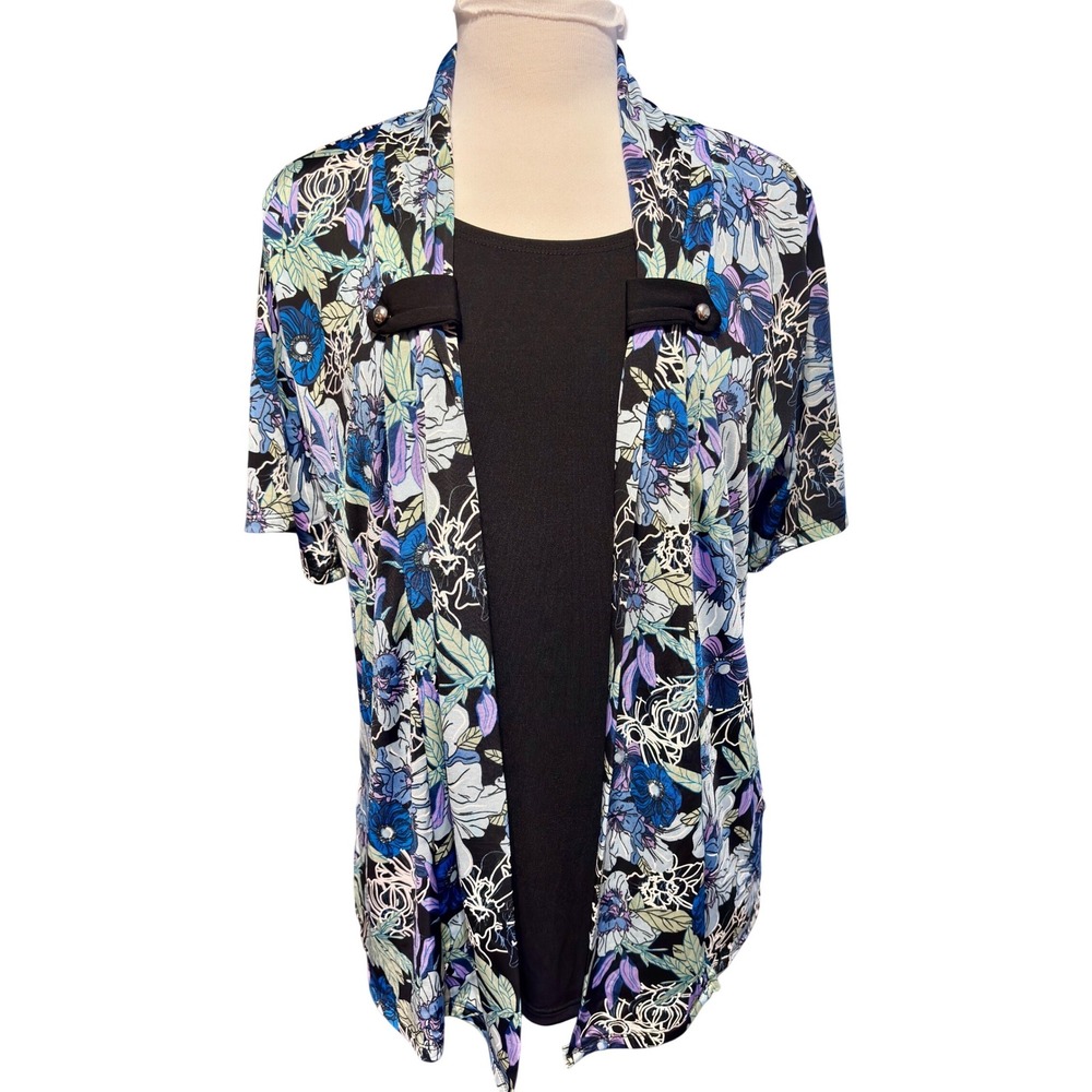 New Once &‎ Again 2-in-1 Floral Cardigan Top Women Large Blue NYC Collection